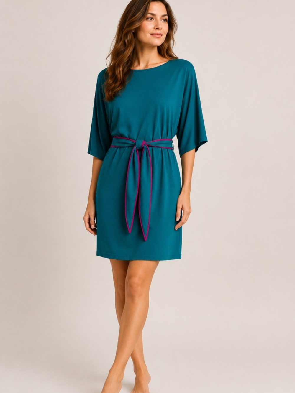 Prelude Teal Belted Shift Dress Dolman 3/4 Sleeve Contrast Fuchsia Tie Size L